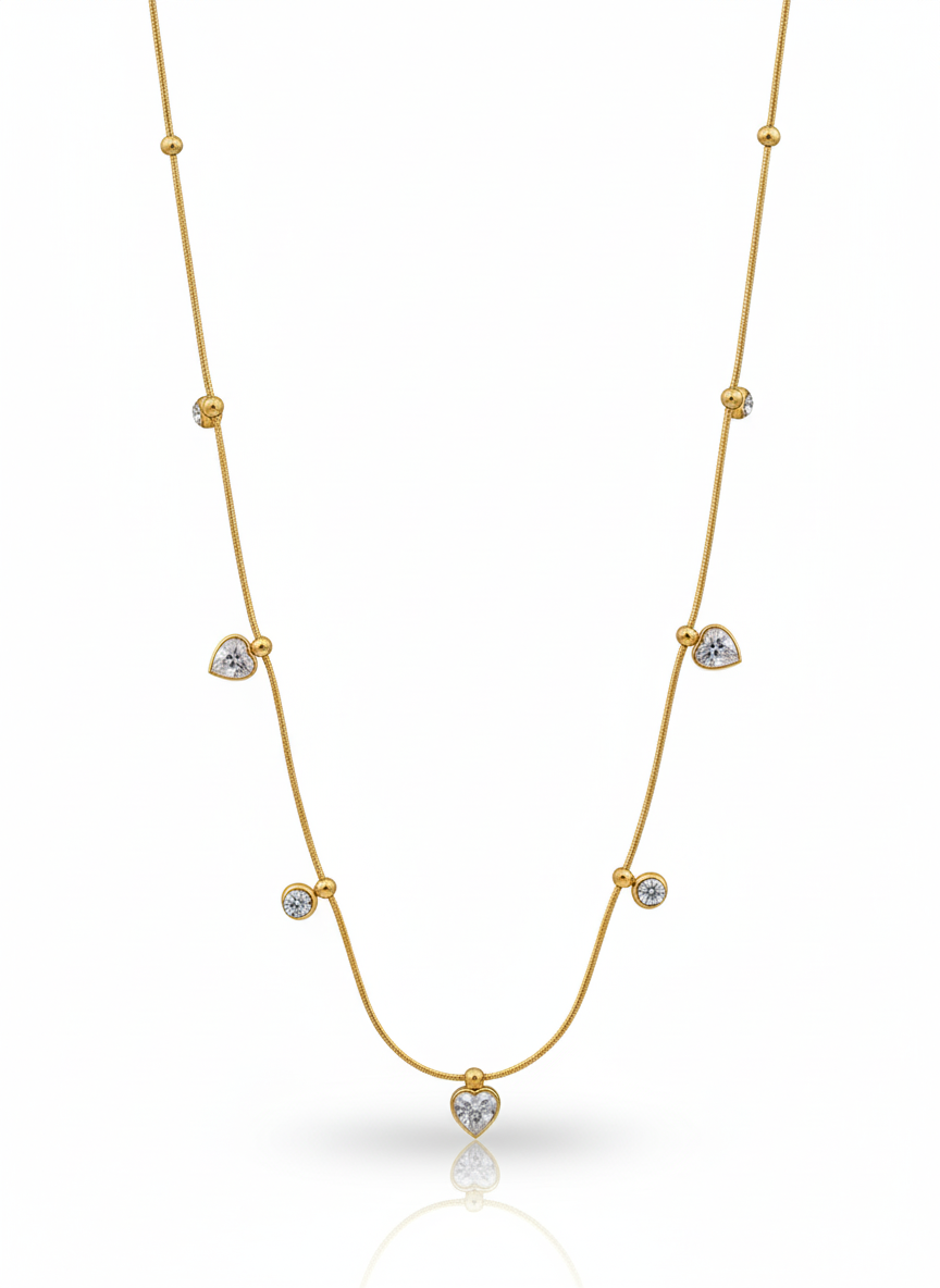 Gold Necklace with White Heart Stones and Crystals