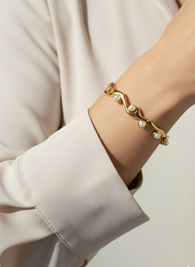 Gold Pearl Open Cuff Bracelet