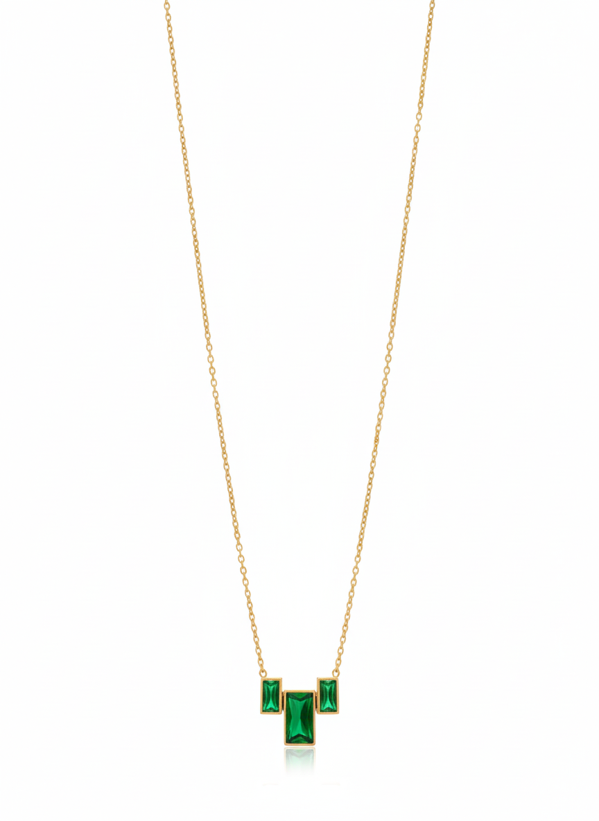 Rectangle Green Crystal Trio Pendant Necklace in Gold