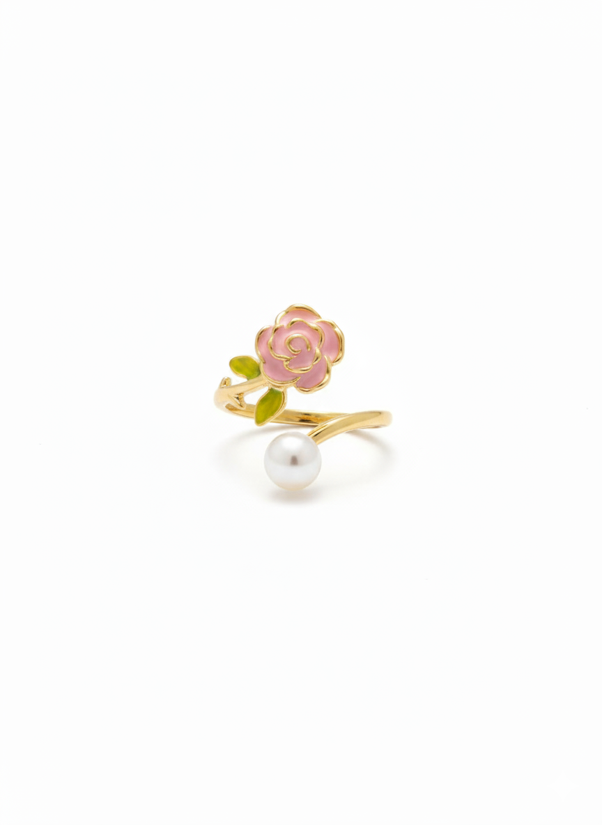Enamel Rose Gold Ring with Pearl Accent- Adjustable