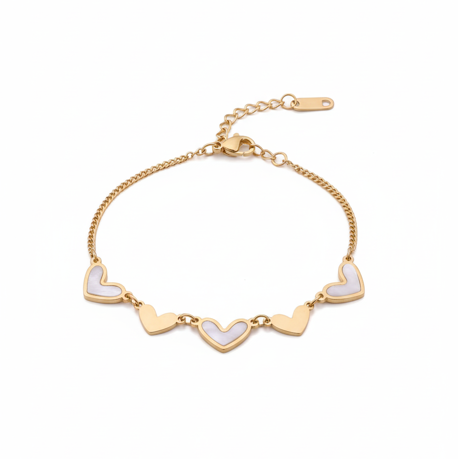 Gold Chain Bracelet with White Enamel Heart Charms