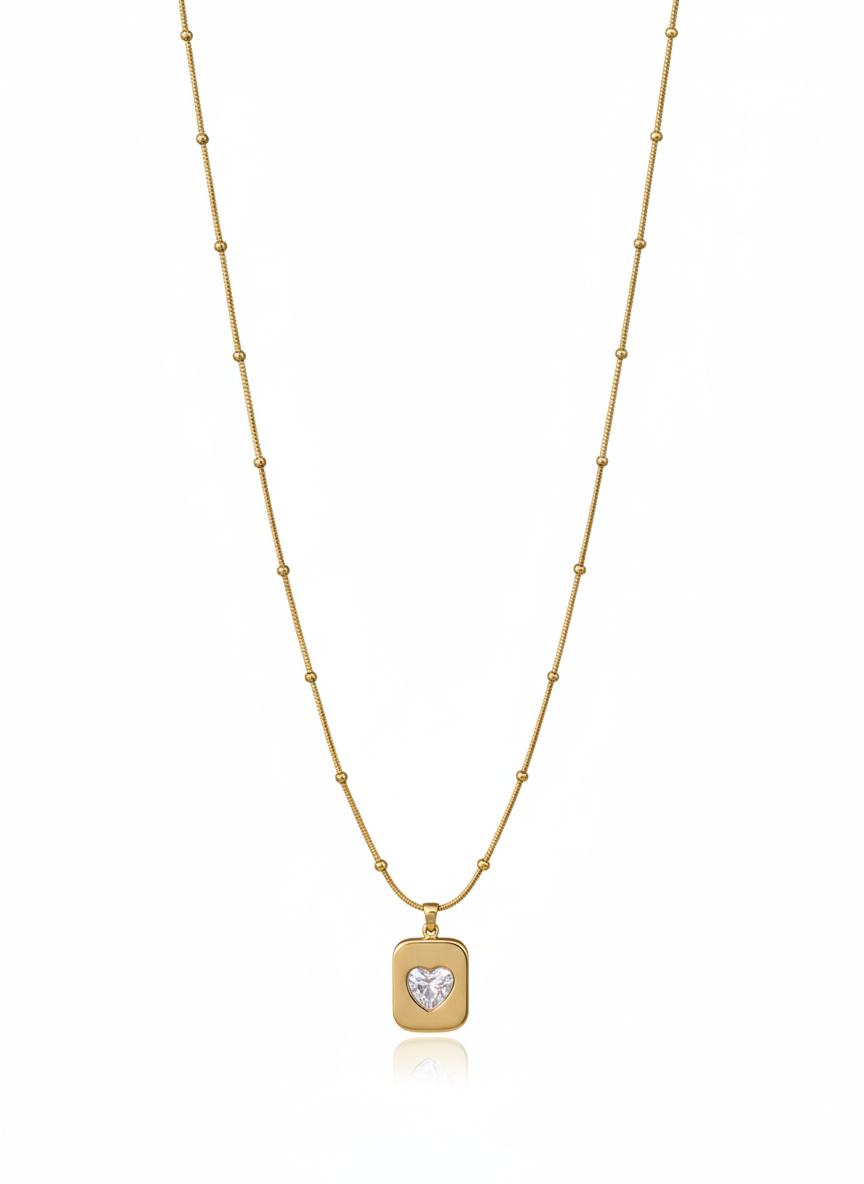 Beaded Chain Necklace with Heart Crystal Pendant