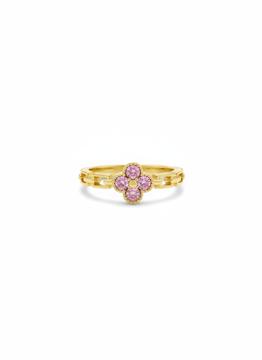 Pink Clover Flower Gold Ring