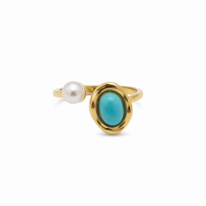 Elegant Turquoise Stone Ring with Pearl Accent- Adjustable
