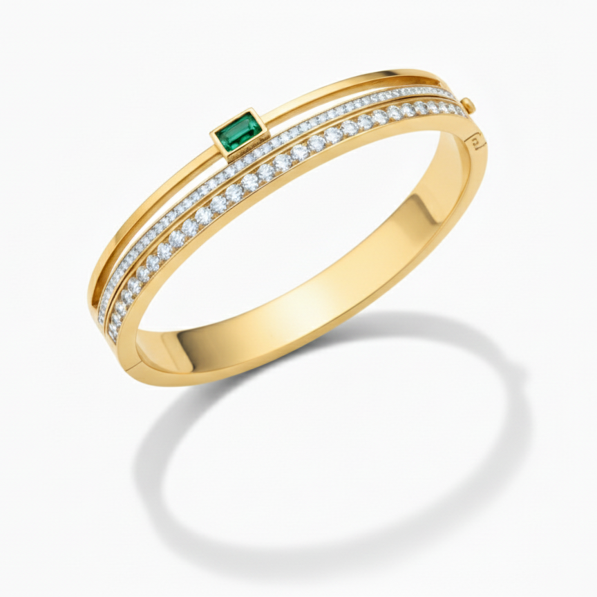 Emerald Accent Gold Diamond Bangle Bracelet