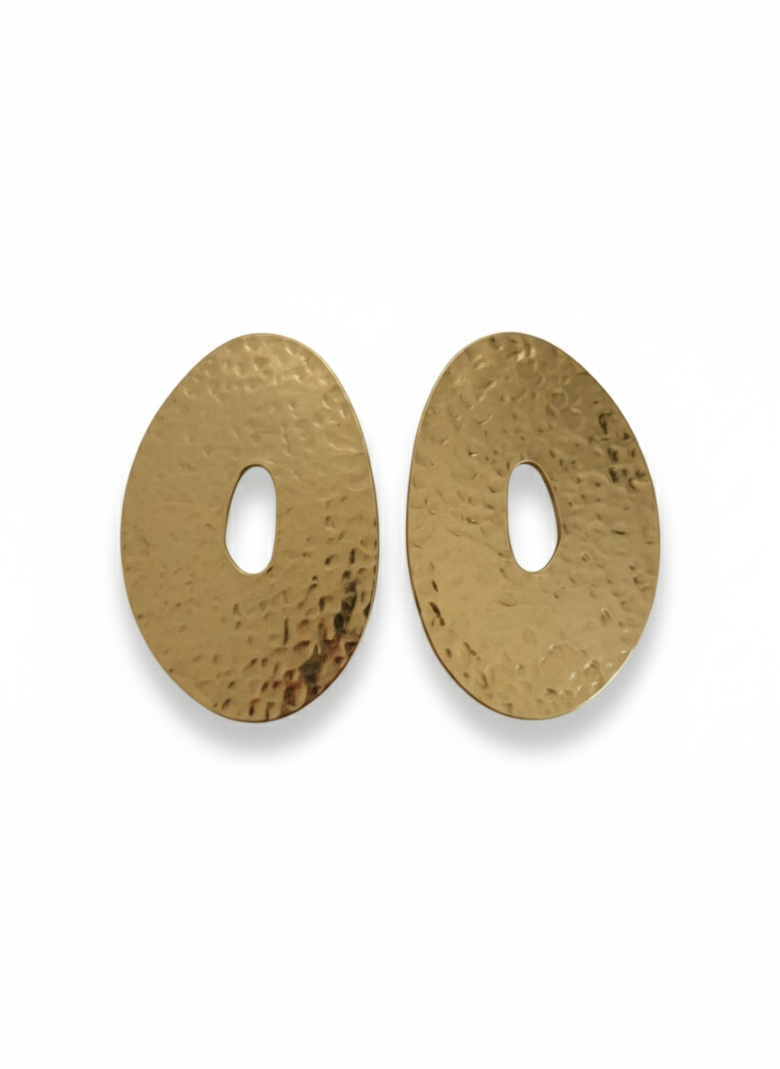 Hammer Textured Gold Oval Statement Earrings