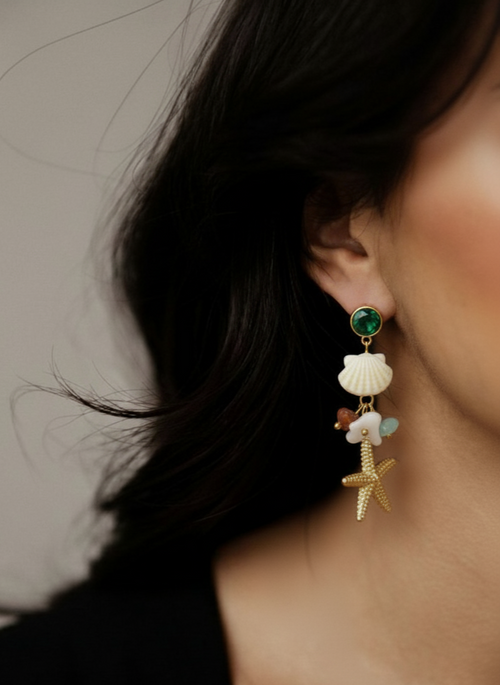 Beach Inspired Gold Starfish Seashell Earrings