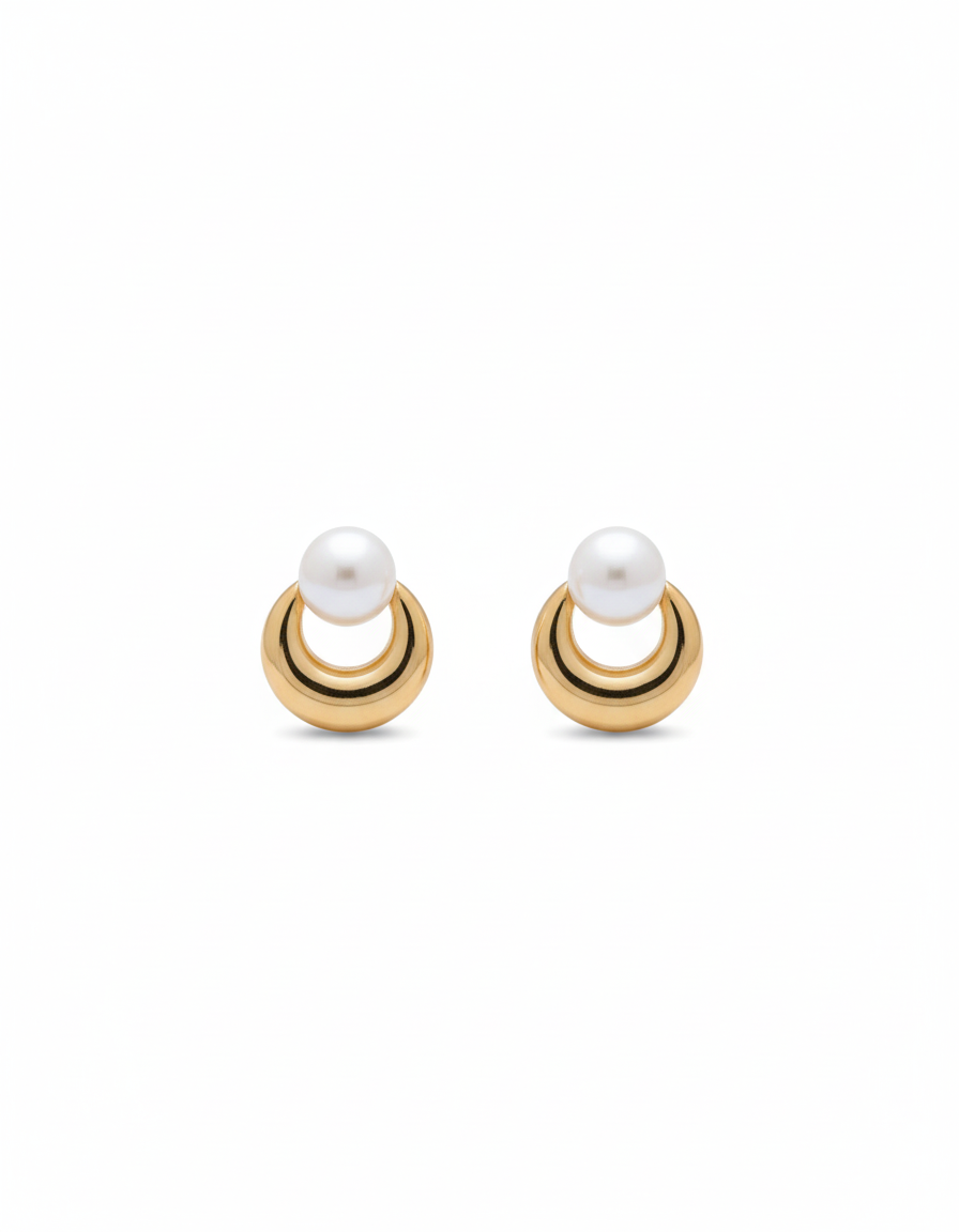 Modern Gold Arch & Pearl Stud Earrings