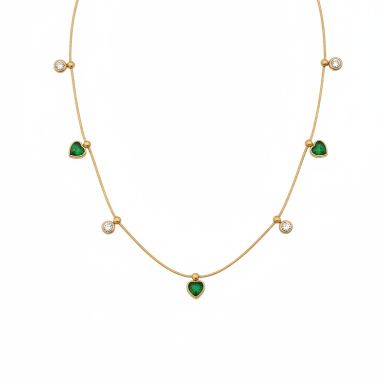 Gold Necklace with Green Heart Stones and Crystals