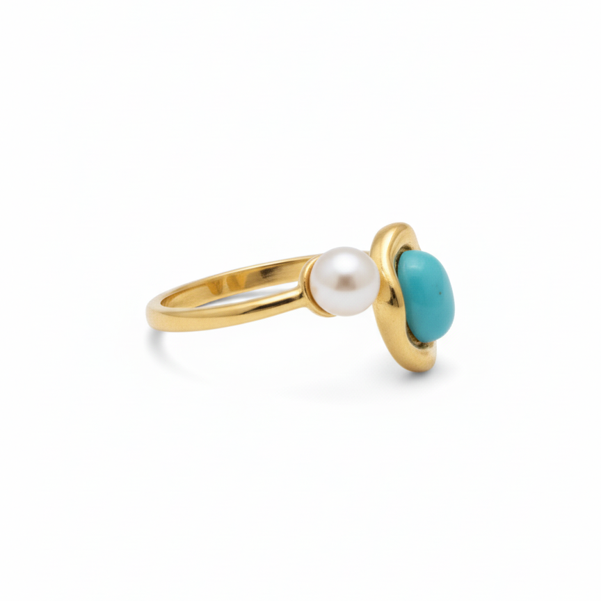 Elegant Turquoise Stone Ring with Pearl Accent- Adjustable