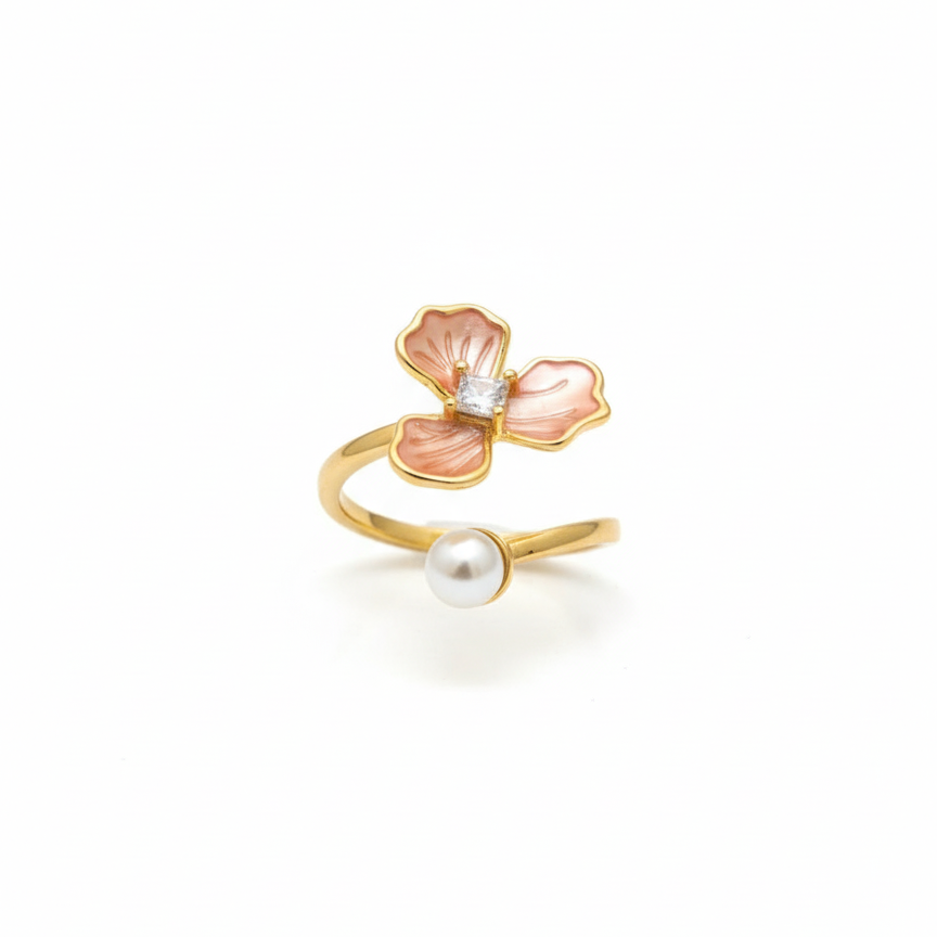 Pink Enamel Flower Ring with Pearl - Adjustable
