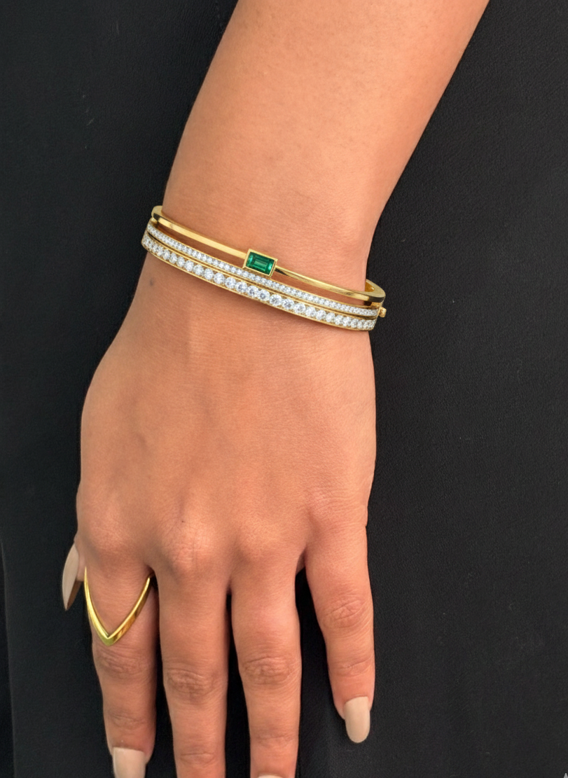 Emerald Accent Gold Diamond Bangle Bracelet