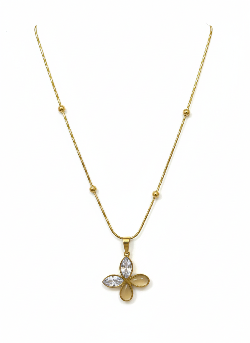 Petal Design Gold Necklace – Crystal & Pearl Accents