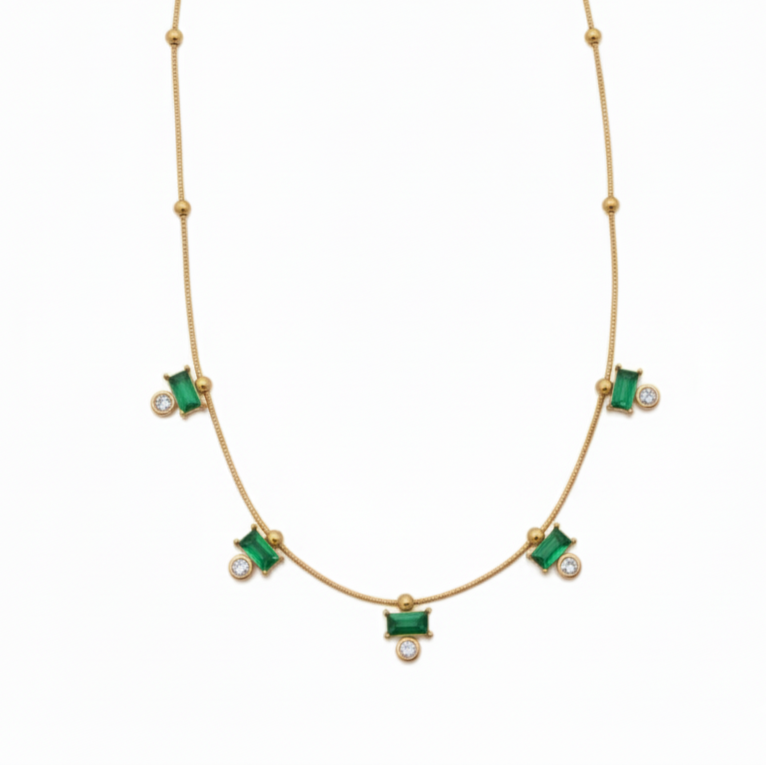 Gold Necklace with Green Stone Charms