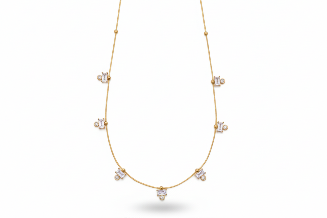 Gold Necklace With White Stone Charms