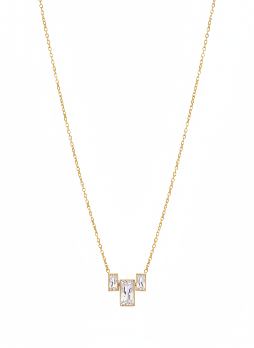Rectangle Crystal Trio Pendant Necklace in Gold