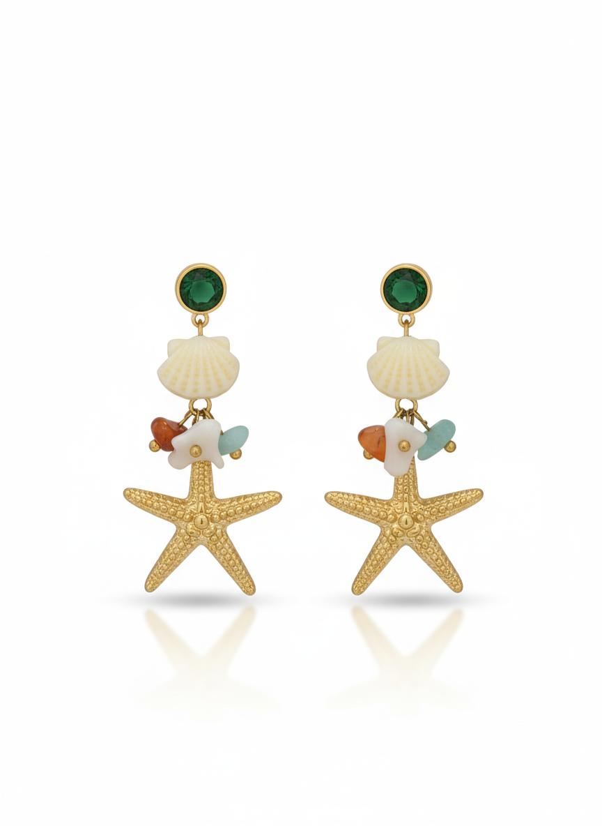 Beach Inspired Gold Starfish Seashell Earrings