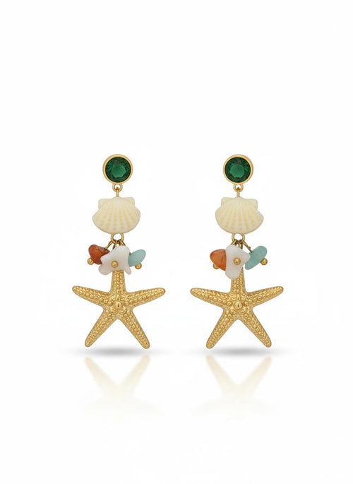 Beach Inspired Gold Starfish Seashell Earrings
