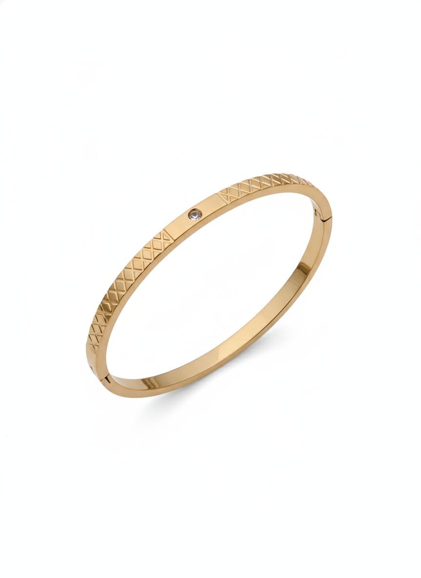 Gold Engraved Bangle Bracelet with Single Crystal Accent