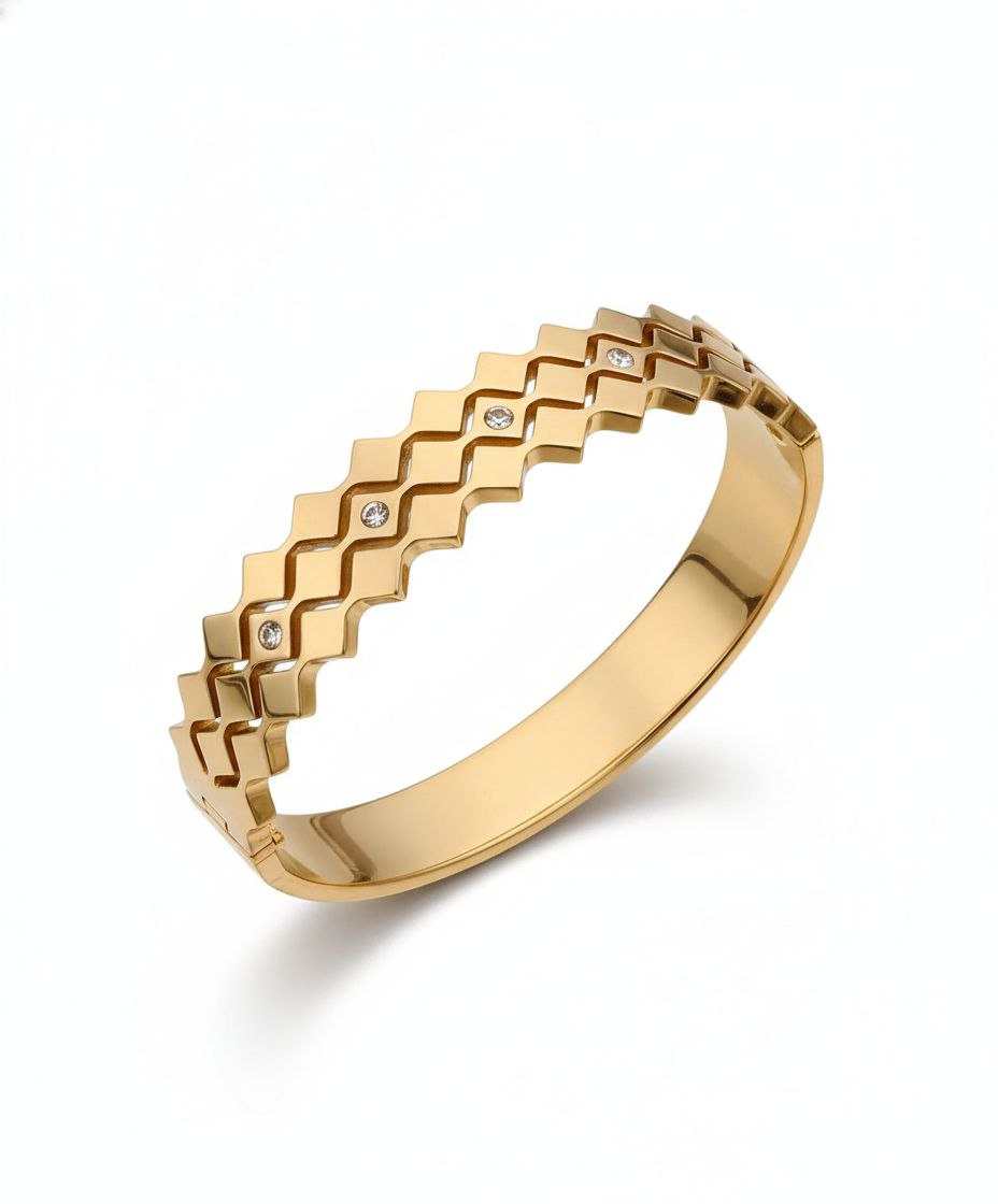 Gold Zigzag Bangle Bracelet with Crystal Accents