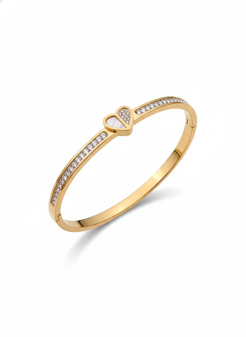 Elegant Heart-Inlay Gold Bangle Bracelet