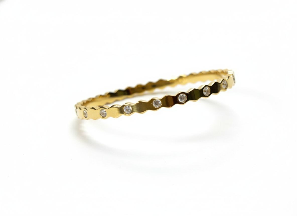 Gold Textured Zigzag Bangle with Stones